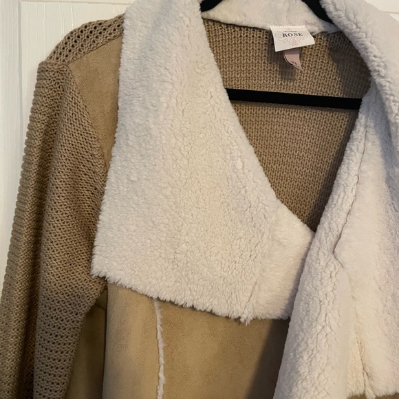 Knox Rose Womens XL Open Front Faux Suede Shearling Tan Cardigan Sweater Jacket - Picture 3 of 4